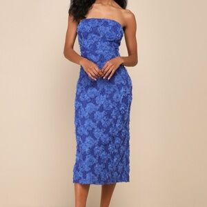 Lulus Flawless Perfection Blue Floral Applique Strapless Midi Dress - Size M